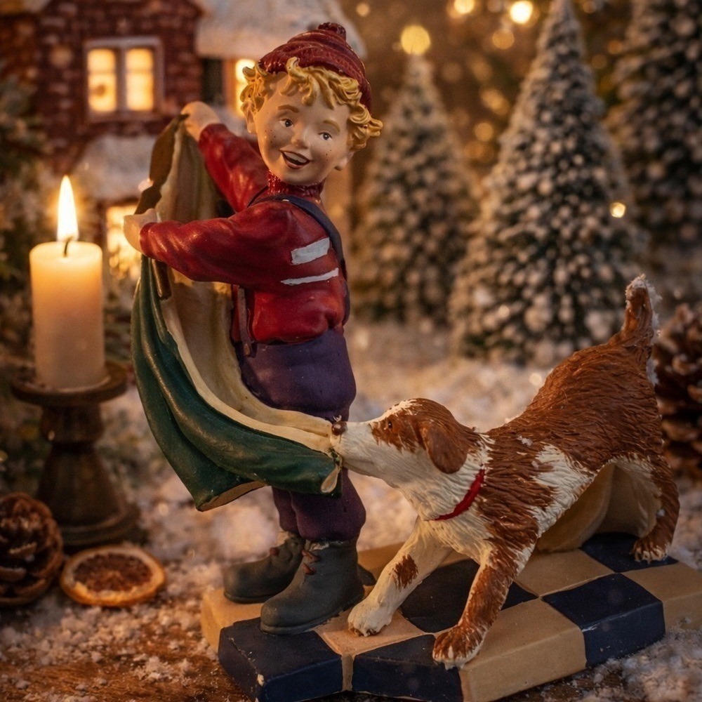 Vintage 1990s Department 56 Nicholas Boy Dog Christmas Village Figurine